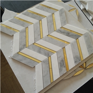 Mixed Carrara Marble Inlay Glass Water-Jet Mosaic Tile