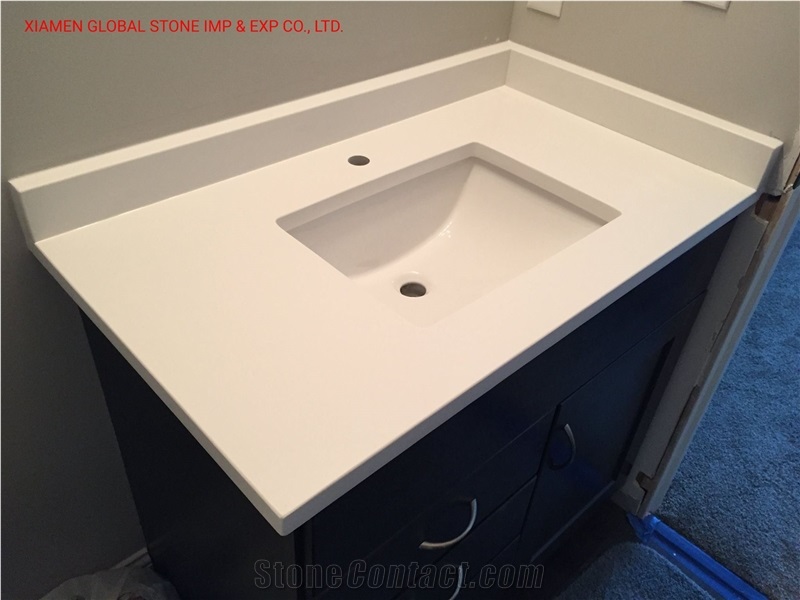 Polished Hotel/Multifamily White Quartz Bathroom Vanity Tops