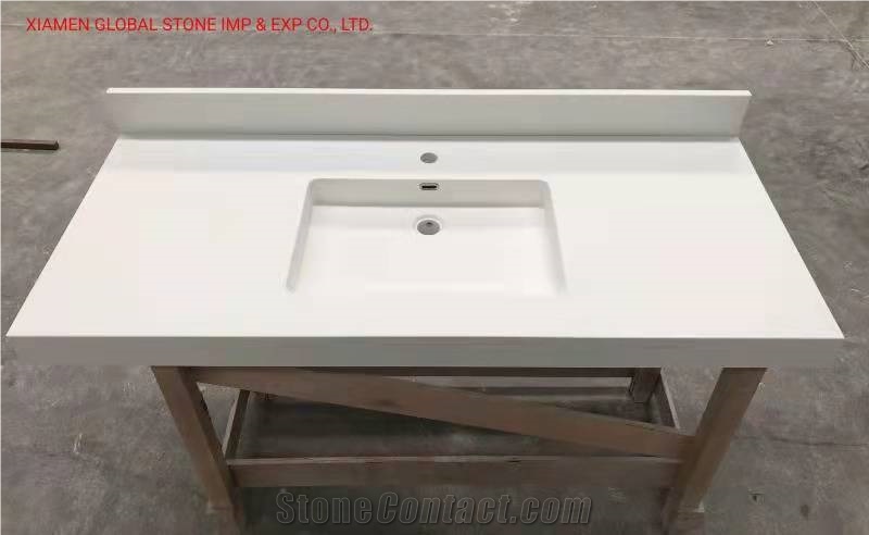 Polished Hotel/Multifamily White Quartz Bathroom Vanity Tops