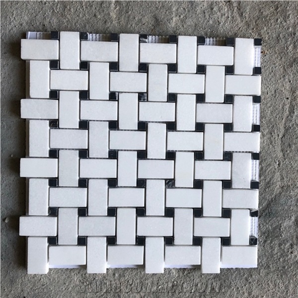 Thassos White Marble Basketweave W/Black Dots Mosaic Tile