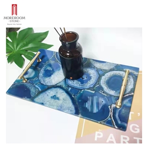 Blue Gemstone Onyx Tray Coasters With Handles Home Decor