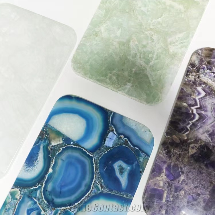 Blue Gemstone Onyx Tray Coasters With Handles Home Decor