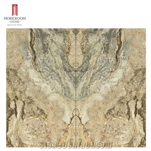 Marble Look Bookmatch Yellow Landscape Painting Marble Tiles
