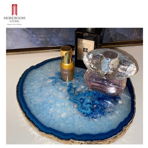 Square/Round Blue Onyx Gemstone Gold Edge Tray Coaster