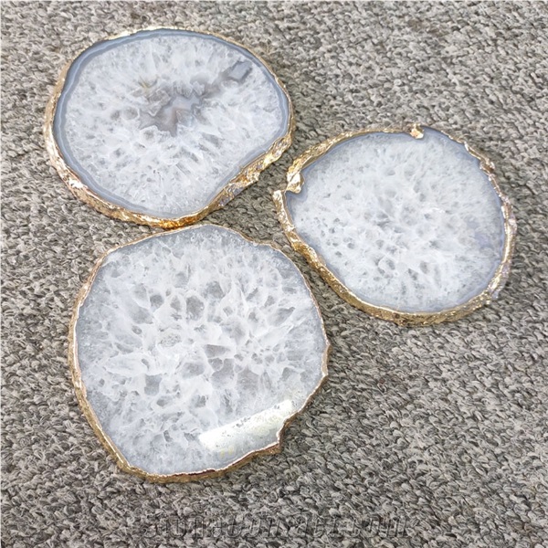 White Blue Pink Agate Rubane With Gold Leaf Slabs & Tiles