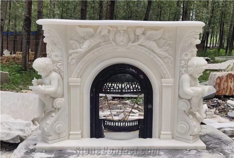 Sculptured Carrara Stone Fireplace Marble Fireplace Mantel