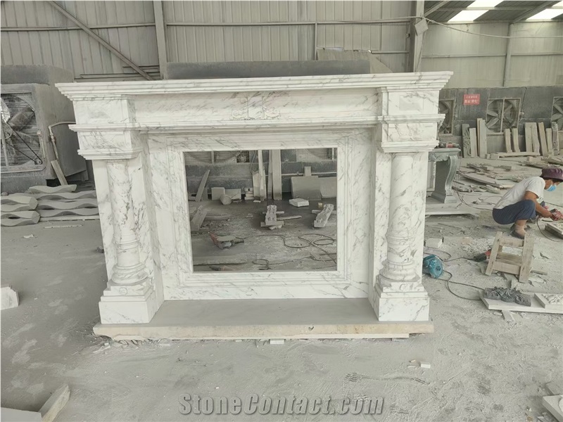 Sculptured Carrara Stone Fireplace Marble Fireplace Mantel