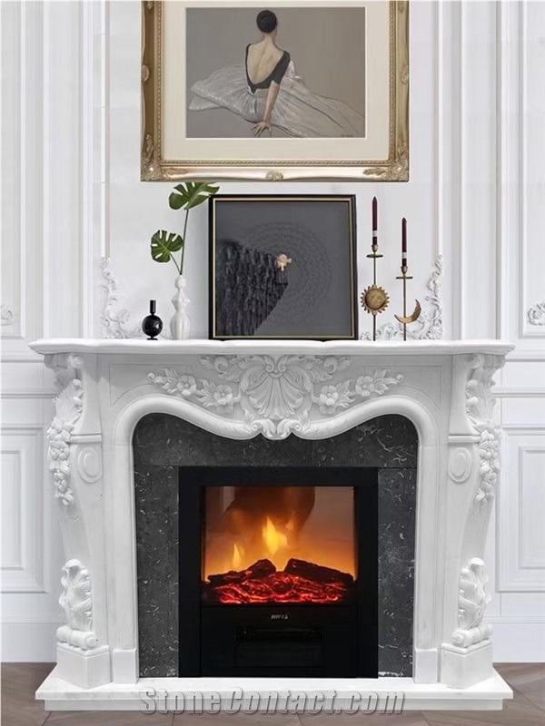 Sculptured Marble White Jade Modern Indoor Stone Fireplace