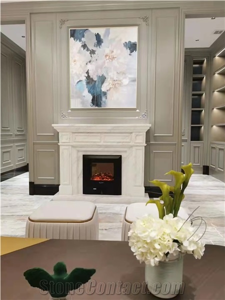 Modern White Marble Polished Indoor Fireplace