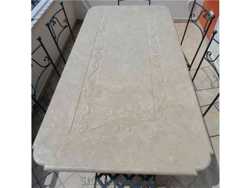 Antique Travertine Table Top With Bas-Relief