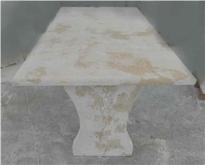 Garden Table In Travertine With Engraving On The Legs