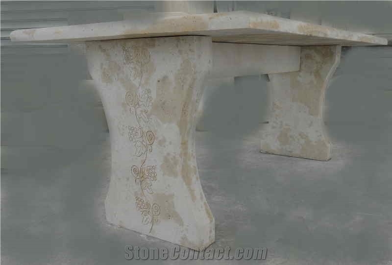Garden Table In Travertine With Engraving On The Legs