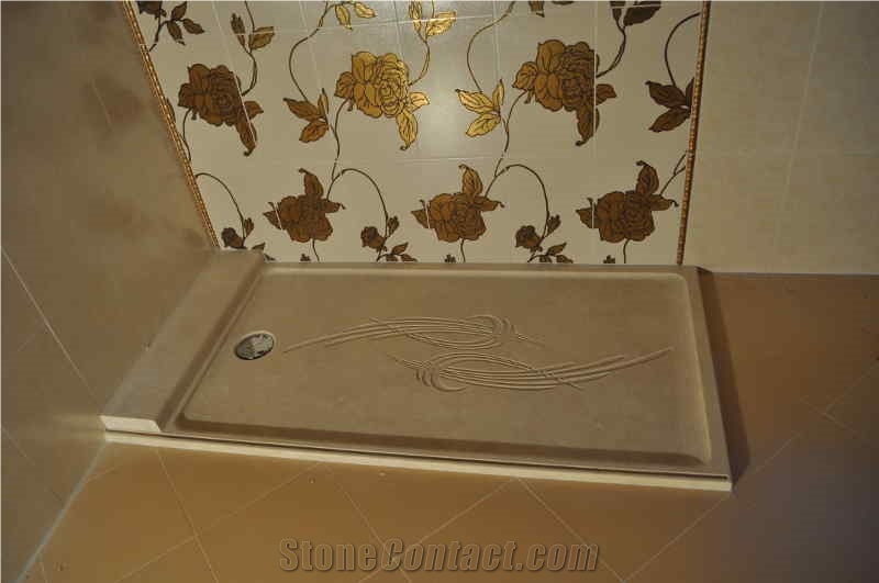 Shower Tray In Antiqued Travertine With Drawing Engraving