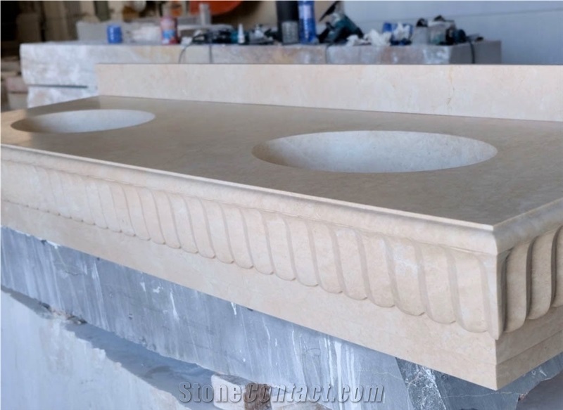 Crema Marfil Carving Massive Bathroom Top With Double Sink