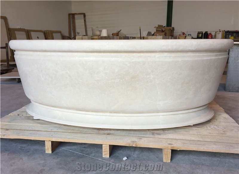 Crema Marfil Marble Carved Massive Bathtub