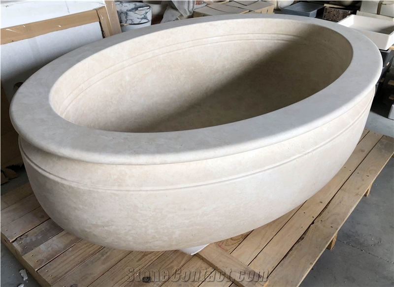 Crema Marfil Marble Carved Massive Bathtub