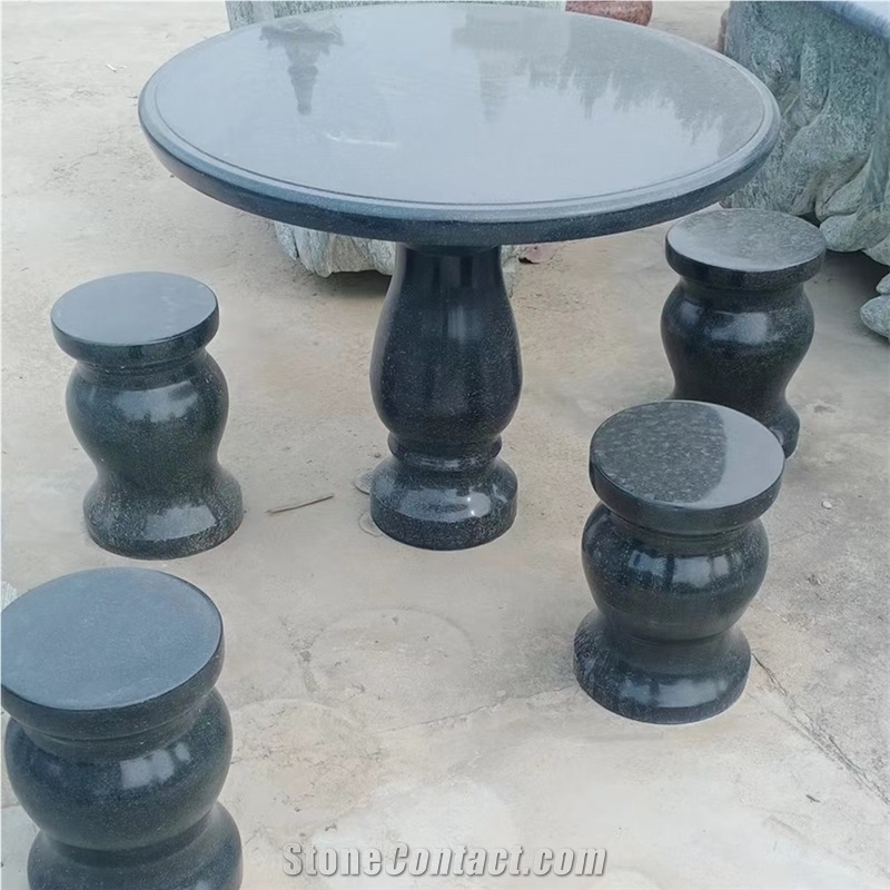 Carving Black Granite Outdoor Table And Bench Set