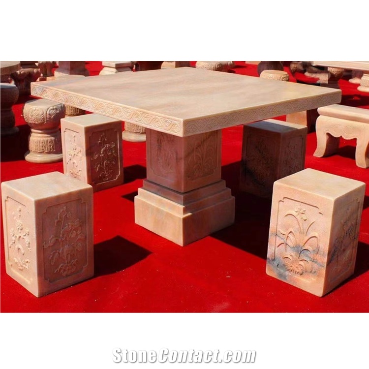 Outdoor Natural Sunset Red Marble Garden Table And Chairs