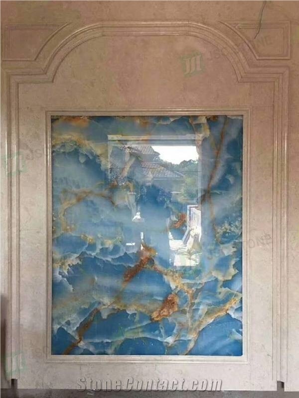 Blue Onyx Bookmatched Wall Panels For Hotel Interior Decor
