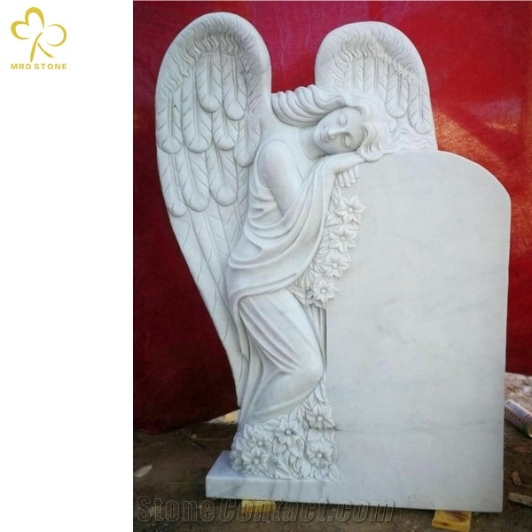 Natural Pure White Marble Angel Carving Moument Headstone