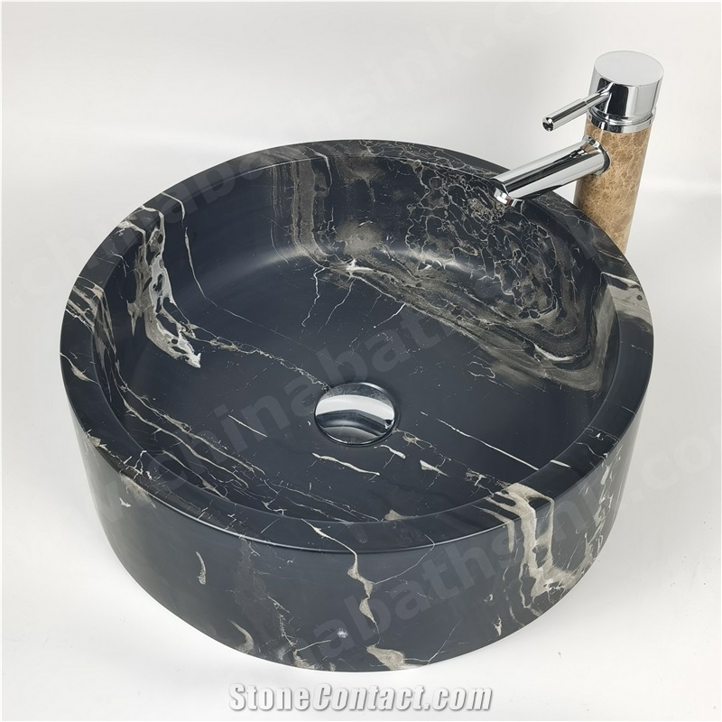 Silver Dragon Marble Sink, Nature Black Marble Vessel Sink