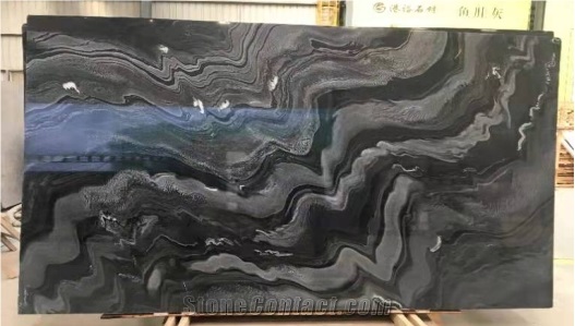 Tesla Polished Black Wave Marble Big Slab Tile