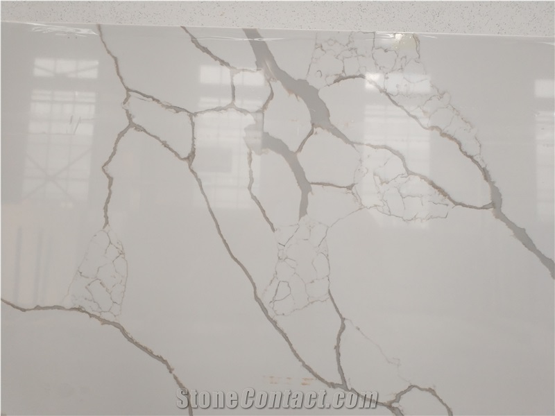 Quartz Stone Marble Colour White Plain With Golden Line Slab
