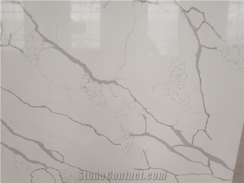 Quartz Stone Marble Colour White Plain With Golden Line Slab