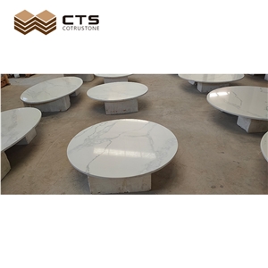 Artificial Quartz Round White Surface Grey Veins Table Top