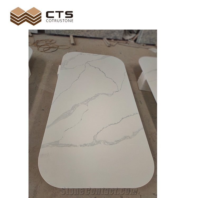 Artificial Quartz Round White Surface Grey Veins Table Top