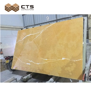 Golden Yellow Onyx Strong Light Through White Veins Slab