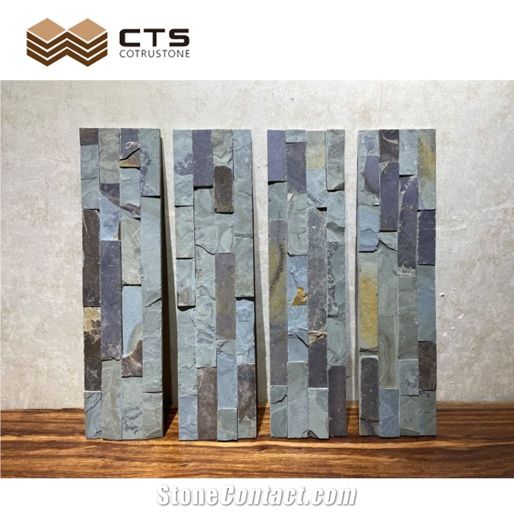 Light Blue Grey Exposed Wall Covering Rectangle Slate Stone