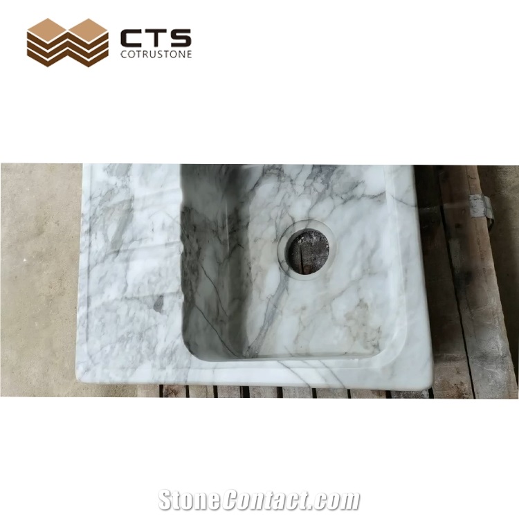 White Marble Grey Veins Rectangle Three Basin Bathroom Sink