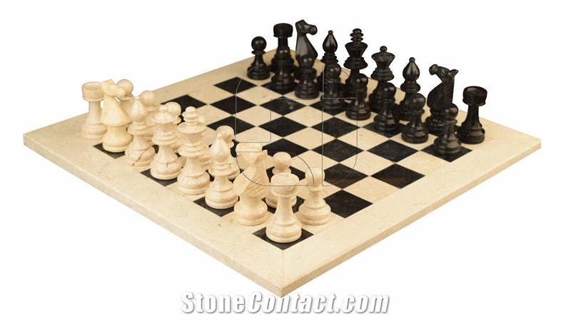 Black & Botticino Marble  European Series Chess Set