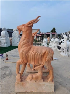 Red Sunset Marble Goat Stone Carving Landscape Statue