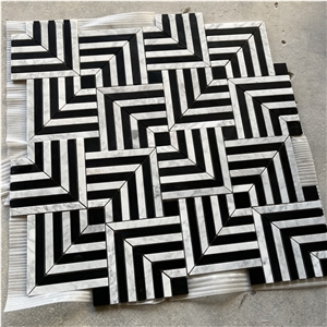 Natural White And Black Marble Herringbone Mosaic Tiles Wall