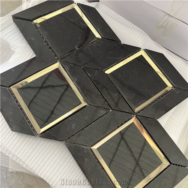Water-Jet Gold Color Brass With Marble Tiles Mosaic For Wall