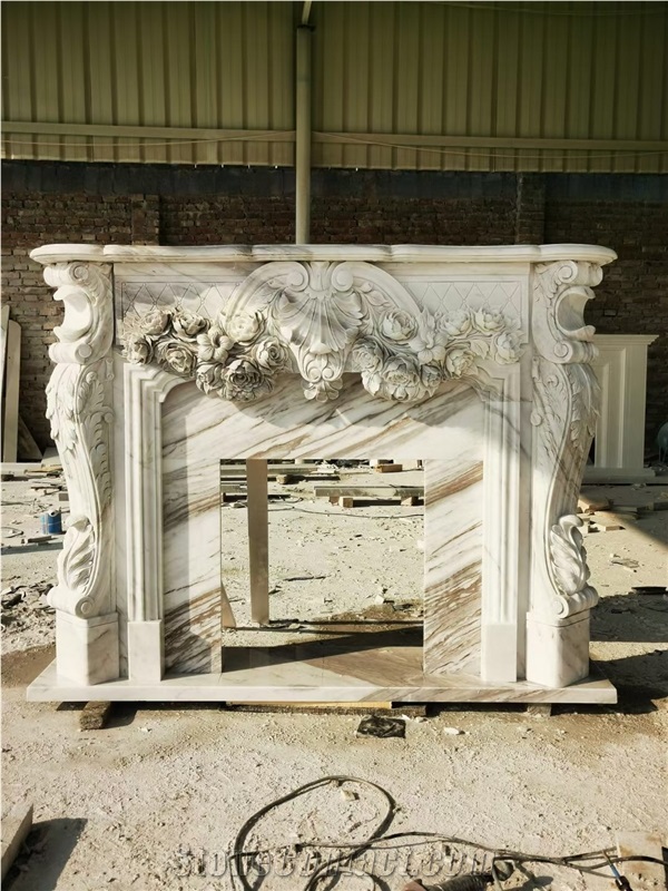 Sculptured Large Marble Calacatta Indoor Fireplace Mantel