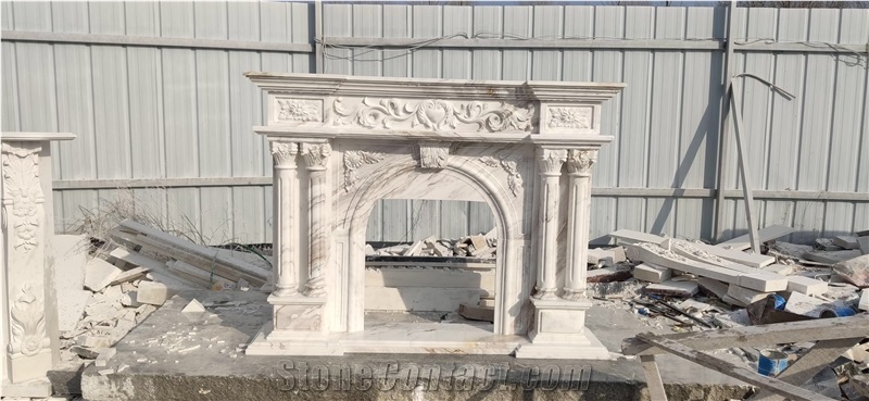 Sculptured Marble Column Volakas Modern Stone Fireplace