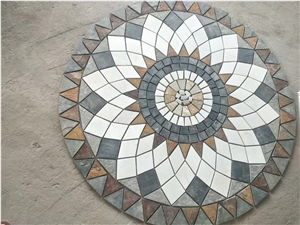 Slate And White Quartzite Inlaid Stone Mosaic Medallion- Stone Floor Medallions