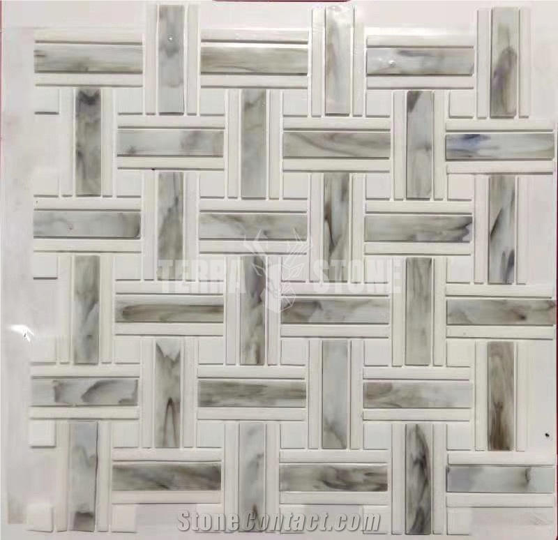 Basketweave In Glass Mosaic Tiles For Wall Decoration