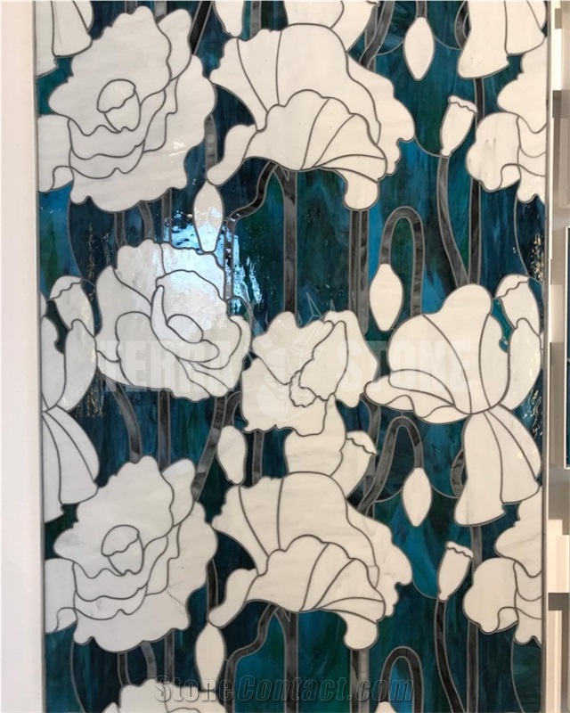 Blue And White Glass Waterjet Flower Mosaic Wall Tile