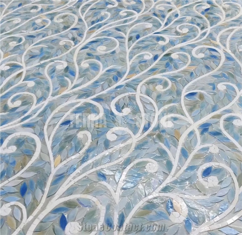 Blue Leaves Pattern Iredescent Glass Mural Bathroom Mosaic