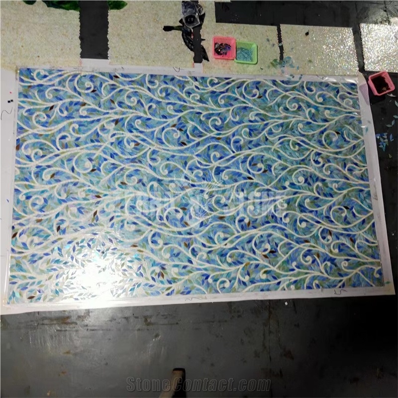 Blue Leaves Pattern Iredescent Glass Mural Bathroom Mosaic