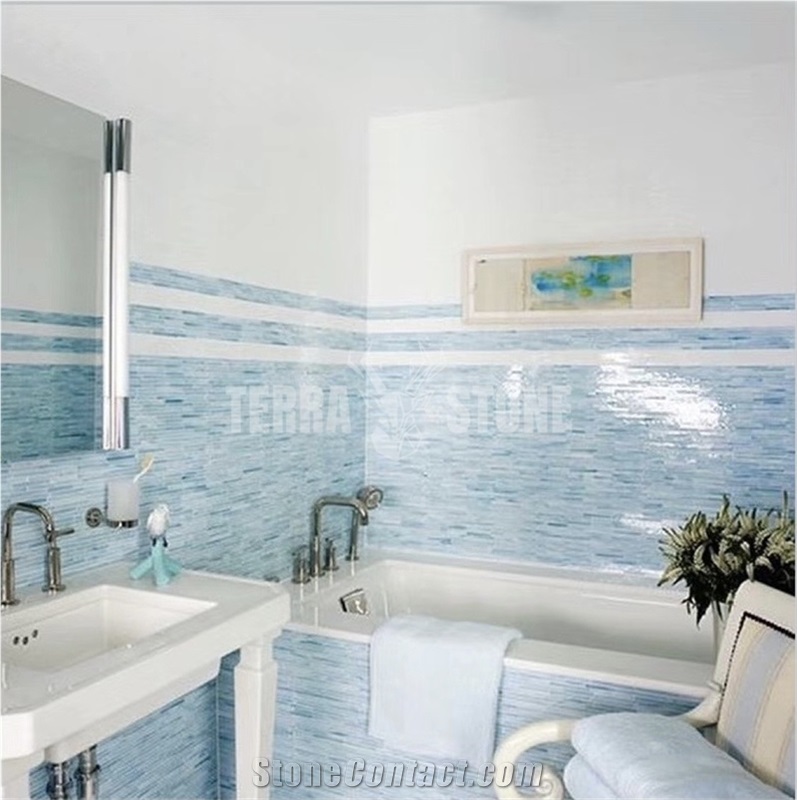 Blue Water Jet Stained Unique Glass Mosaic Tile For Bathroom