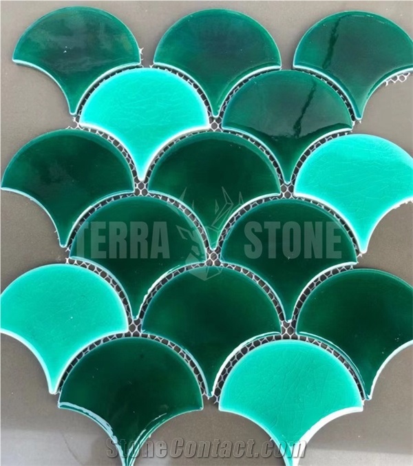 Fish Scale Green Ceramic Mosaic Tile For Swimming Pool