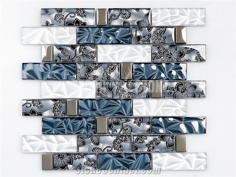 Glass Mixed Metal And Stone Small Square Mosaic Tiles