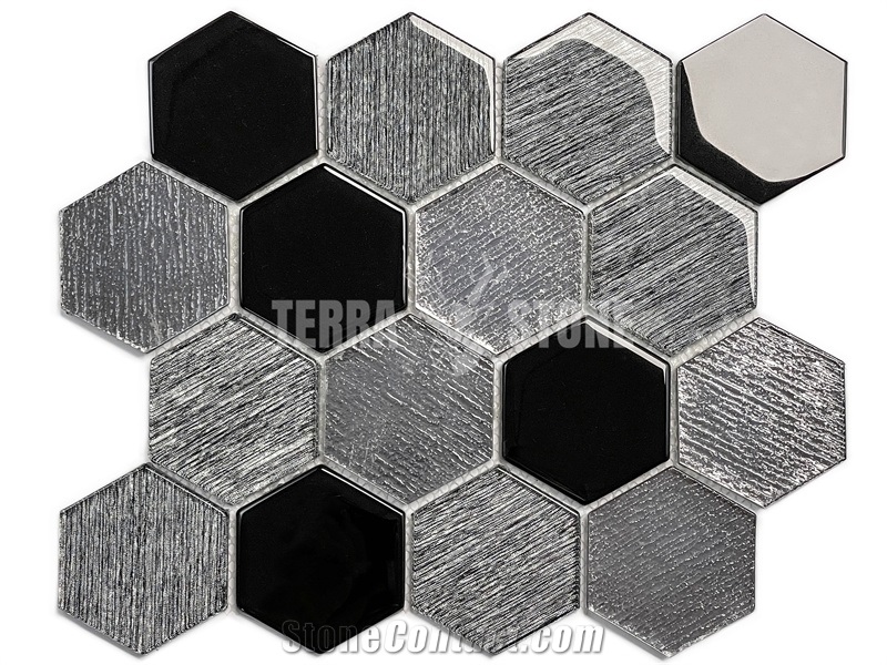 Laminated Hexagon Black Marble Stone Glass Mosaic