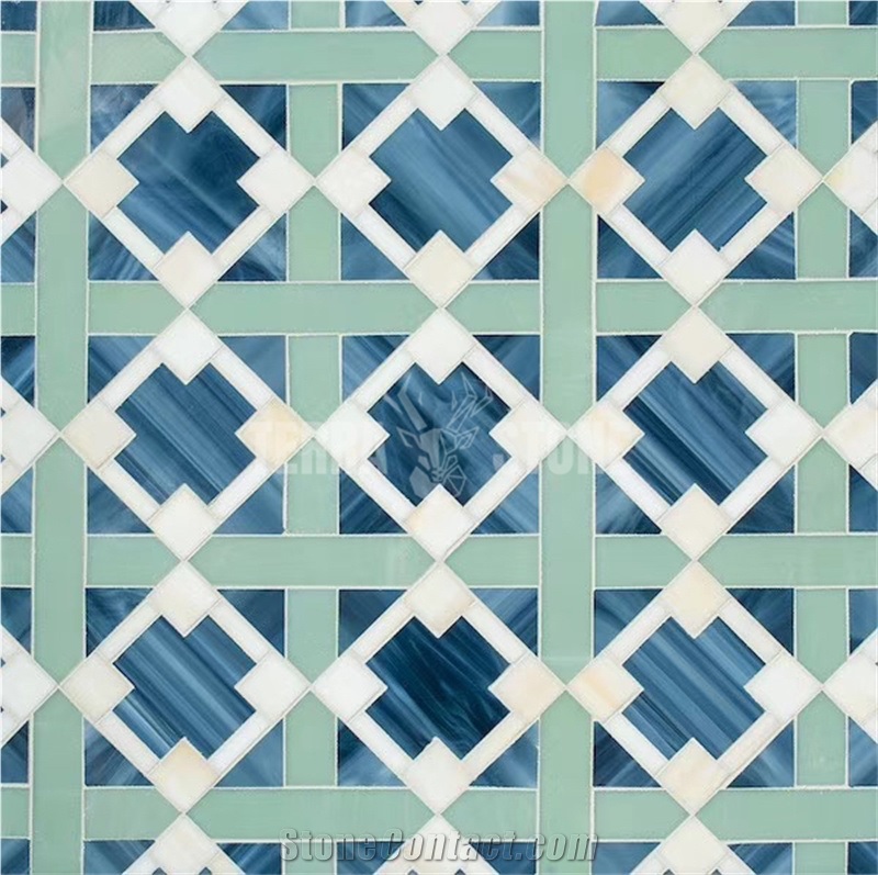 Waterjet Glass Mosaic Blue And Green Glass Wall Tile