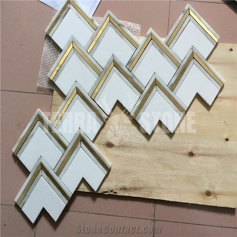 Arabescato Marble Waterjet Mosaic Tile With Metal Inlay